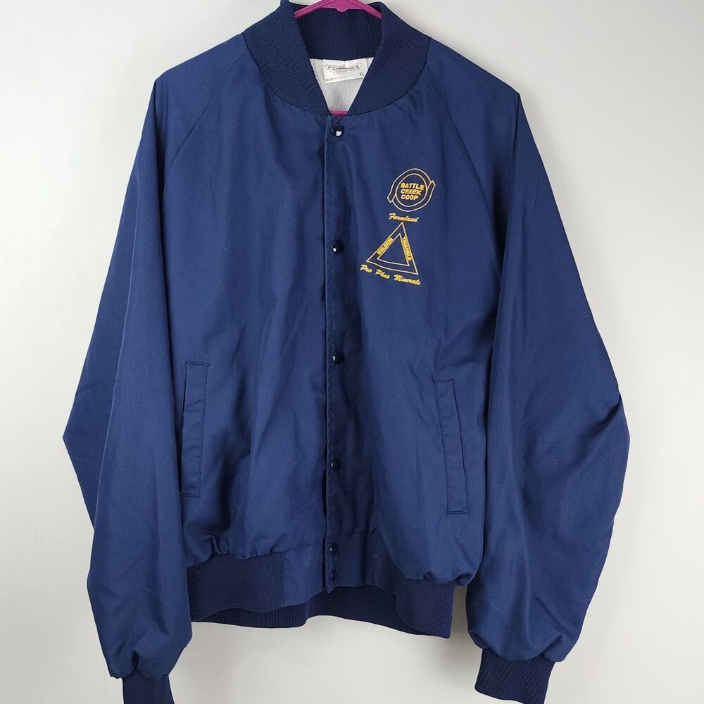 Vinatge Made in USA Auburn Satin Bomber Battle Creek Coop Logo Jacket Size XL